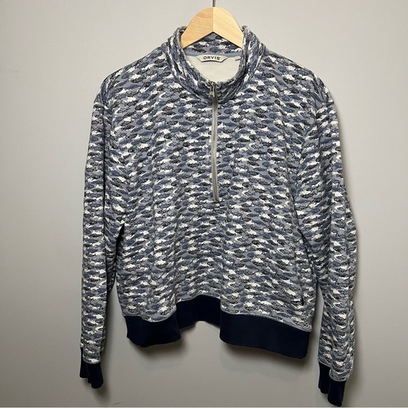 Orvis‎ 1/2 Zip Sweatshirt Women’s XL French Terry All Over Fish Print Pullover - Picture 1 of 6